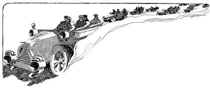 It was a thrilling sight -- the long rows of swiftly moving auto-vehicles running as smoothly as lines of verse all neatly punctuated here and there by an automobile at rest in the middle of the road, like a period bringing the line to a full stop.