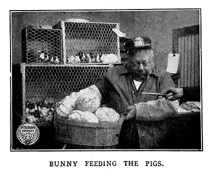 John Bunny feeds the guinea pigs in the Vitagraph film 'Pigs is Pigs'