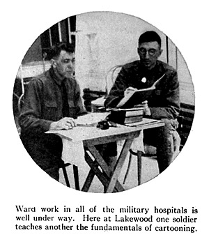 Ward work in all of the military hospitals is well under way. Here at Lakewood one soldier teaches another the fundmentals of cartooning.
